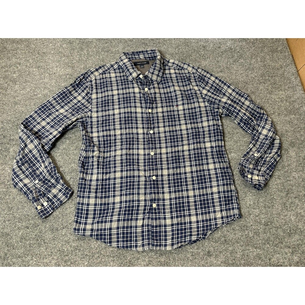 Tommy Hilfiger Shirt Mens L Blue Plaid Long Sleeve Flannel Button-Down Casual